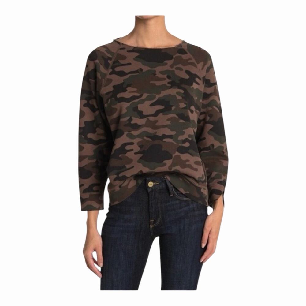 Nili Lotan Luka Camo Raw Edge Sweatshirt Brown Green Camouflage Women’s XS NWT
